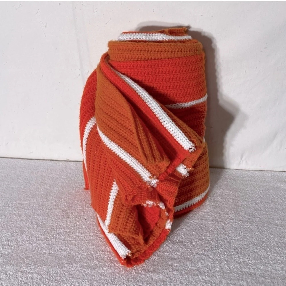 Vintage Handmade  Orange Striped Crochet Knit Afghan Throw Blanket Cottagecore